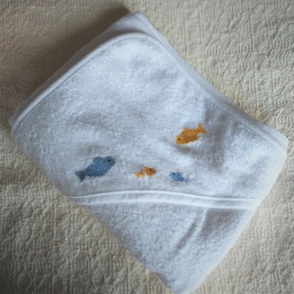 Baby Hooded Towel with Hand Embroidered Fish