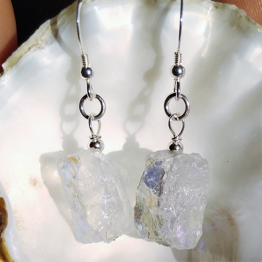 Raw Natural Quartz Cube Iridescent Coated 925 Sterling Silver Drop Earrings
