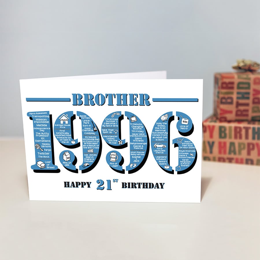 Happy 21st Birthday Brother Greetings Card - Year of Birth - Born in 1996 Facts