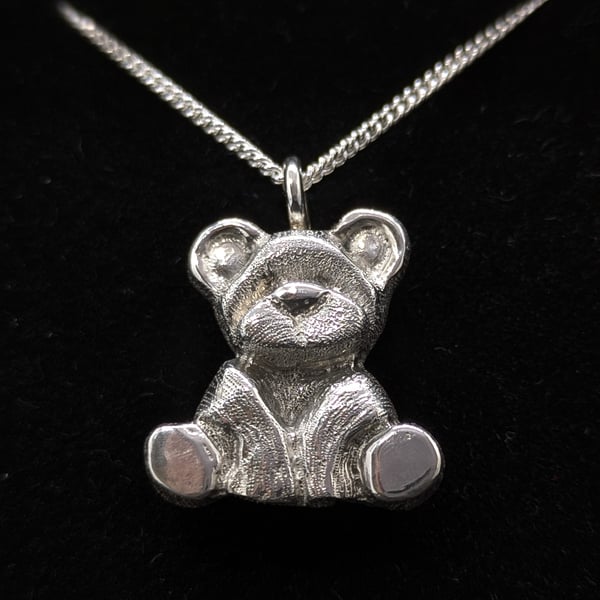 Silver bear necklace, Teddy bear pendant