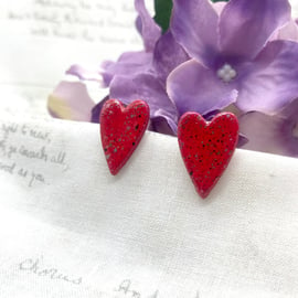 Red heart stud earrings wooden long country heart