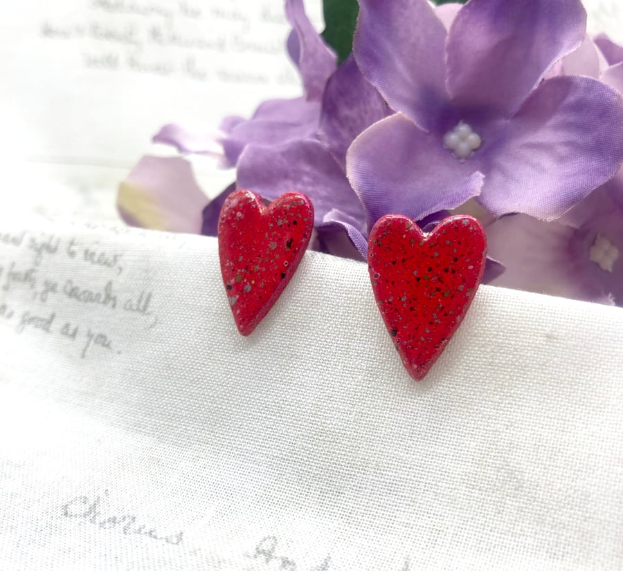 Red love heart stud earrings wooden long country heart