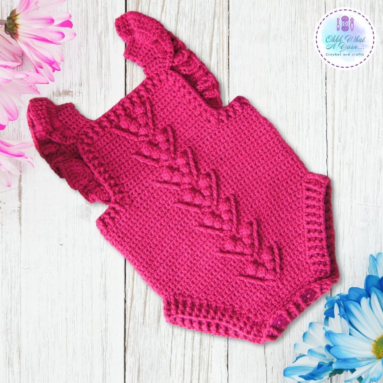 Raspberry pink crochet baby romper. Bobble stitch romper. Age 0-3 months