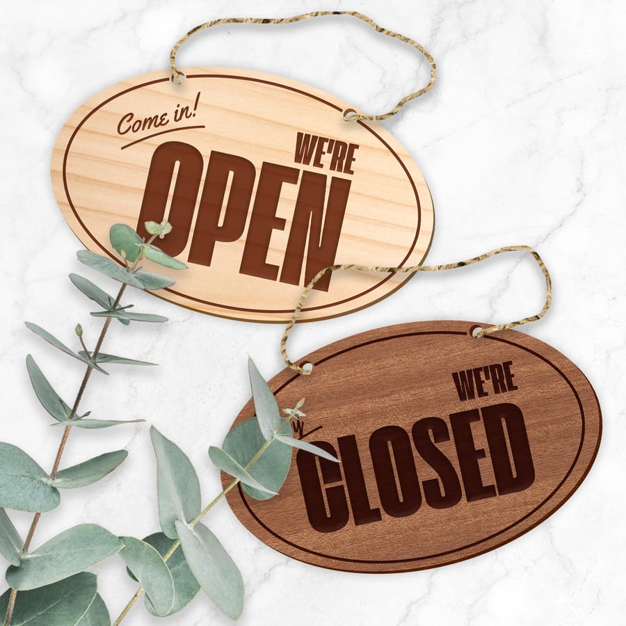 Double Sided Wooden Open And Close Shop Sign, Oval, Shop Window Sign, Shop Decor