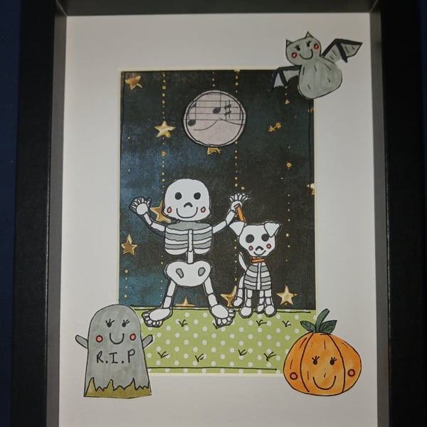 Quirky art, whimsical Halloween skeleton and dog framed 8 x 6 " picturepicture