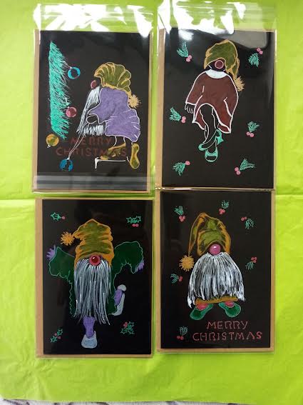 4 Christmas cards hand drawn on black thinner card - beautiful - blank inside