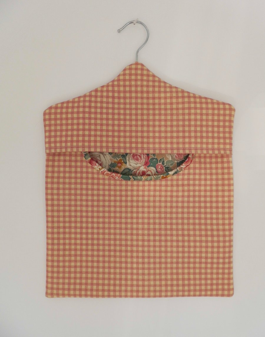 Peg bag in pink check with floral lining for clothes pins