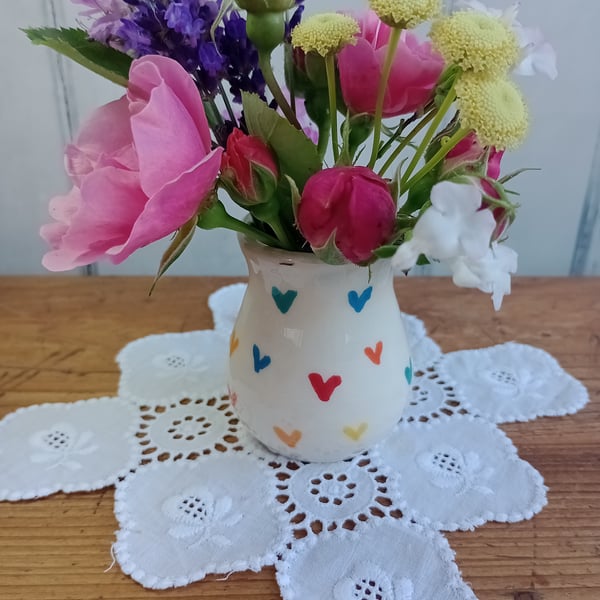 White Posy vase with multi coloured heart design
