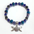 Witchy Triple Moon Goddess Charm Bracelet - Elasticated - blue goldstone - pagan