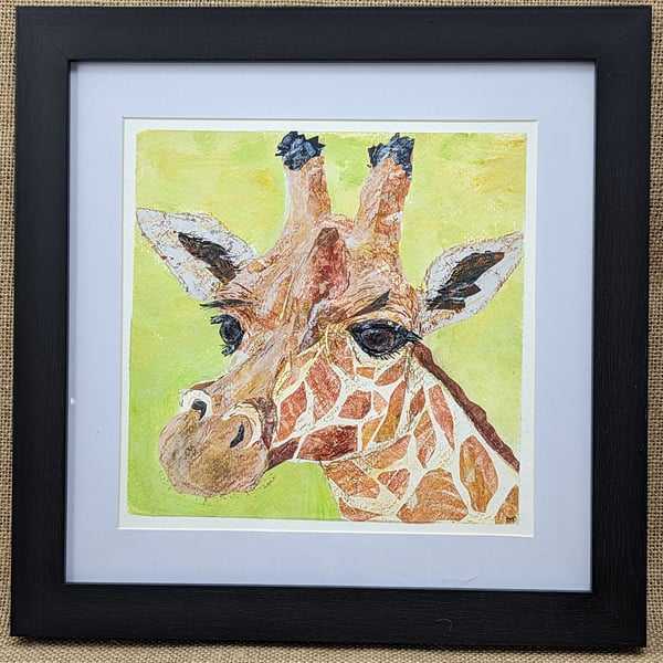 Giraffe original collage and mixed media framed artwork 
