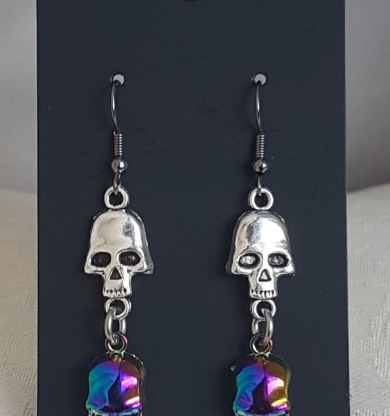 Double Skulls Dangly Earrings - Gun Metal Ear Wires.