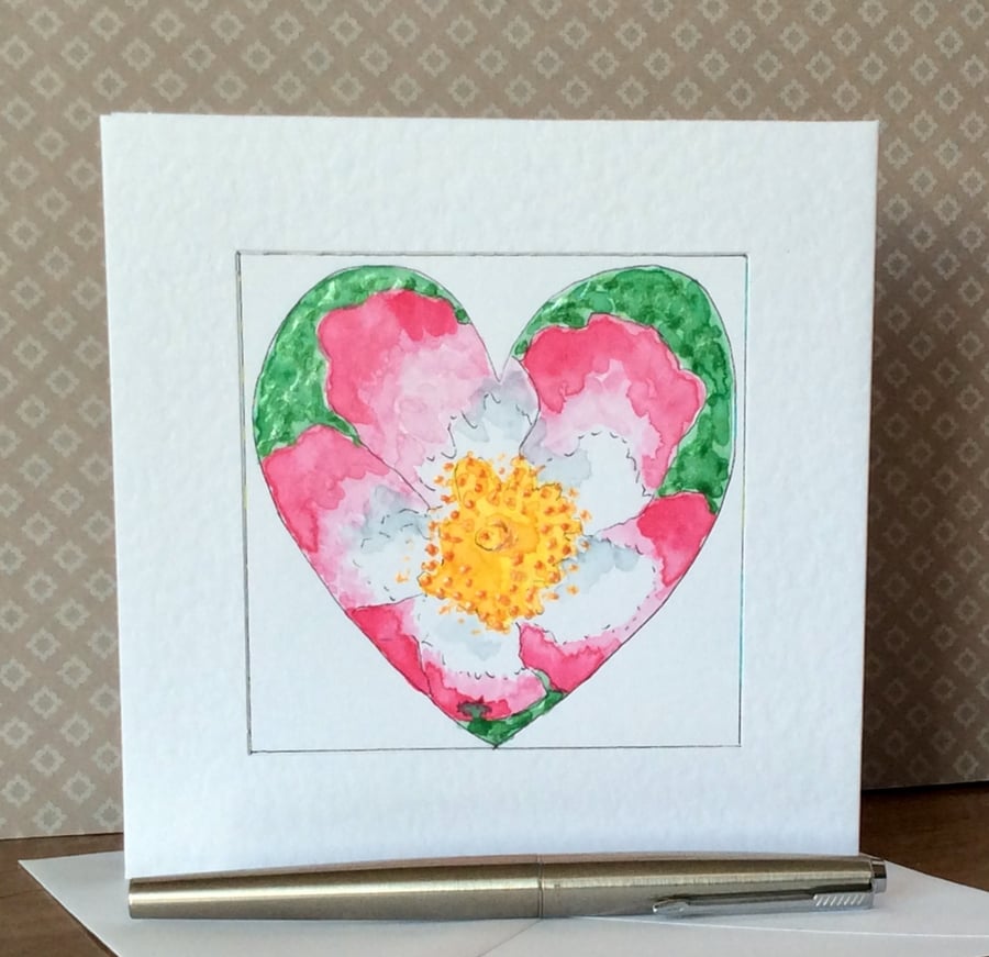 Wild rose hand painted heart Art Card. 
