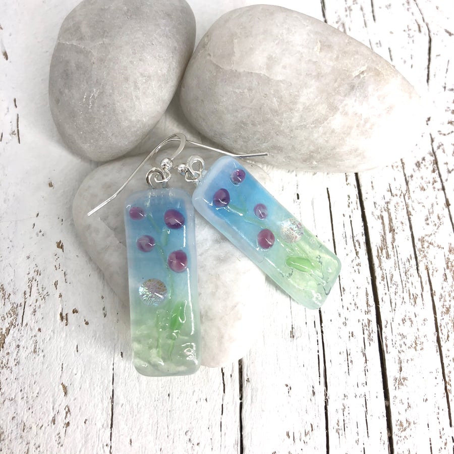 Pretty Floral Glass Drop Earrings on Silver Wires