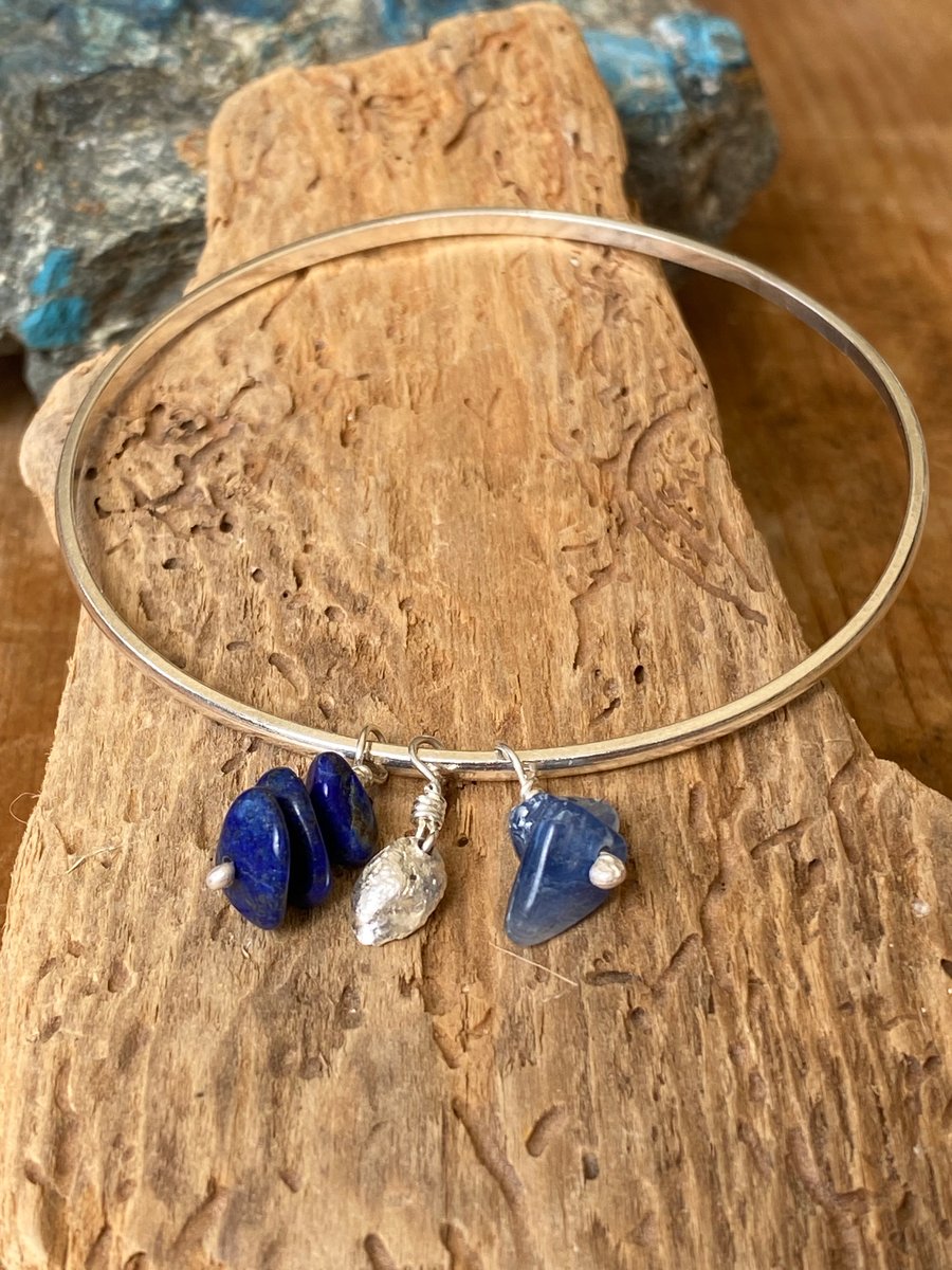 Sterling Silver bangle with  Kyanite, Lapis  & silver nugget