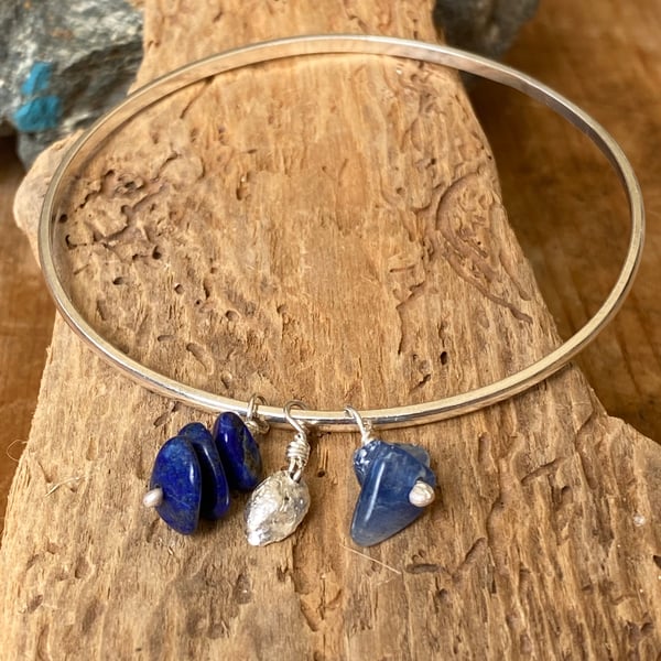 Sterling Silver bangle with  Kyanite, Lapis  & silver nugget