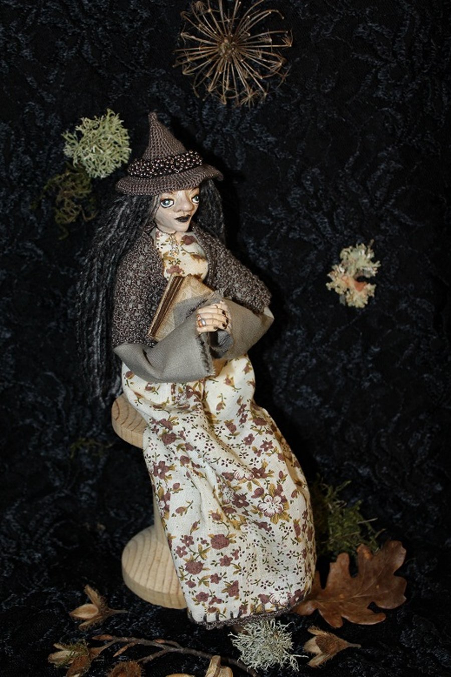 OOAK Sitting Witch Art Doll With Book
