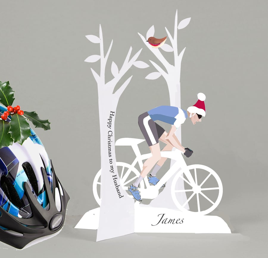 Personalised Christmas Cycling 3D Card for a Husband, Son, Dad etc