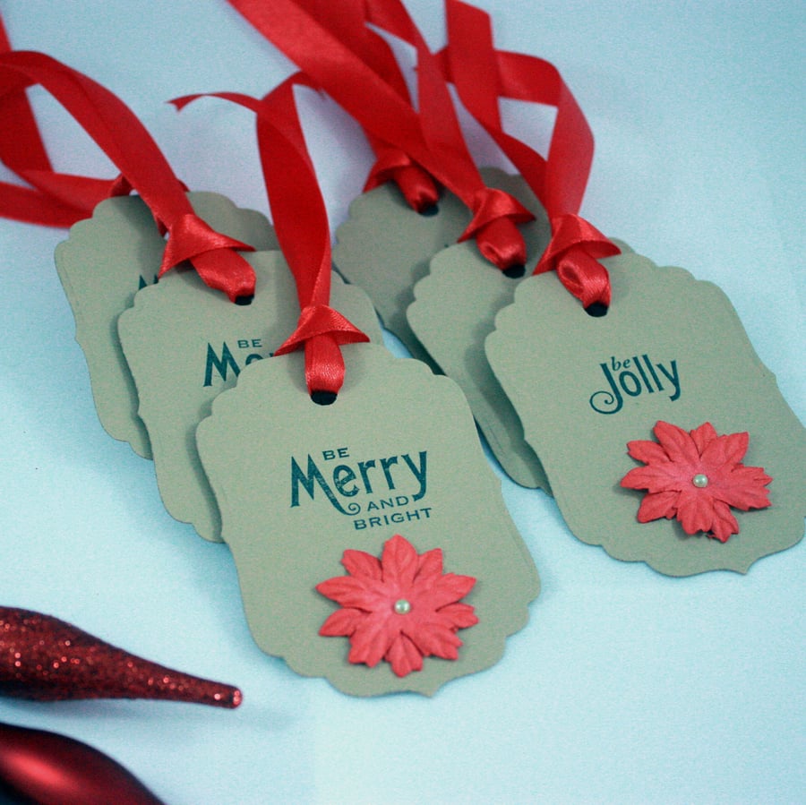 'Be Merry and Bright' and 'Be Jolly' handmade poinsettia Christmas gift tags