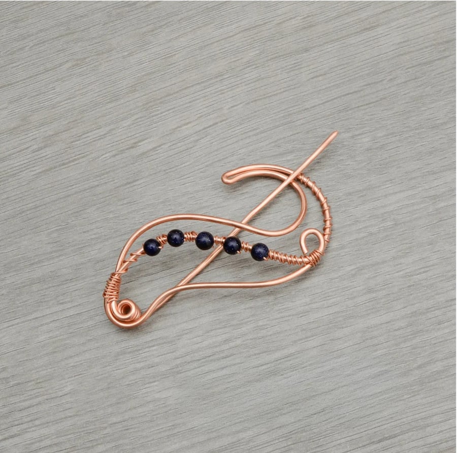 Handmade Copper Shawl Pin – Wire Brooch with Beads, Knitwear Accessory
