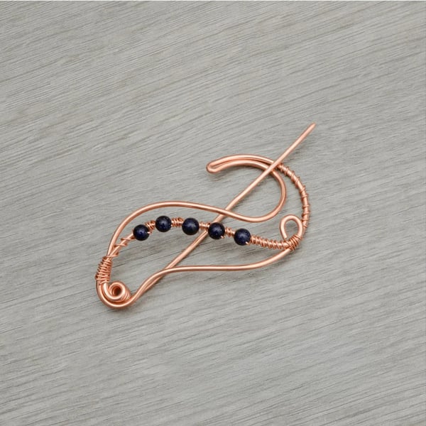 Handmade Copper Shawl Pin – Wire Brooch with Beads, Knitwear Accessory