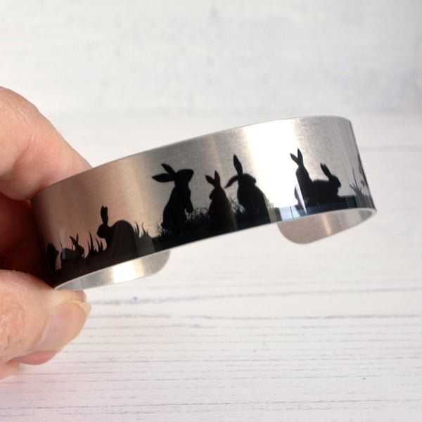 Bunny cuff bracelet, brushed silver with rabbits, rabbit jewellery gifts. B502