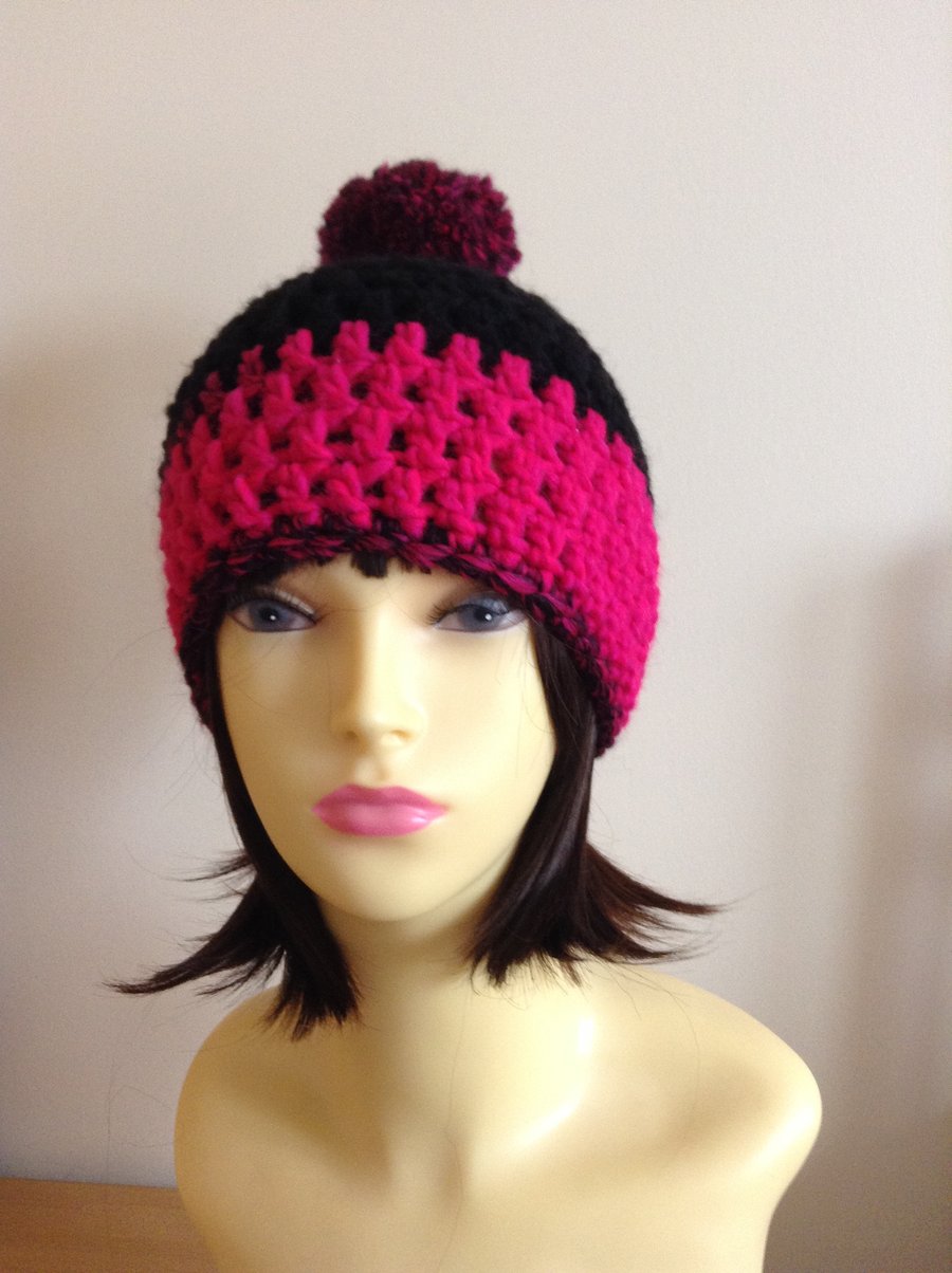 Crochet Pompom Hat in Pink and Black
