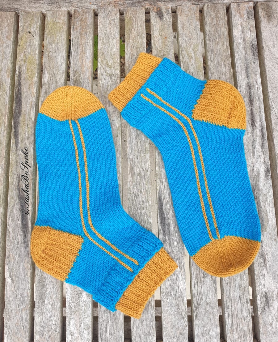 Blue and yellow socks, size 5.5-6 UK, Women casual wool socks