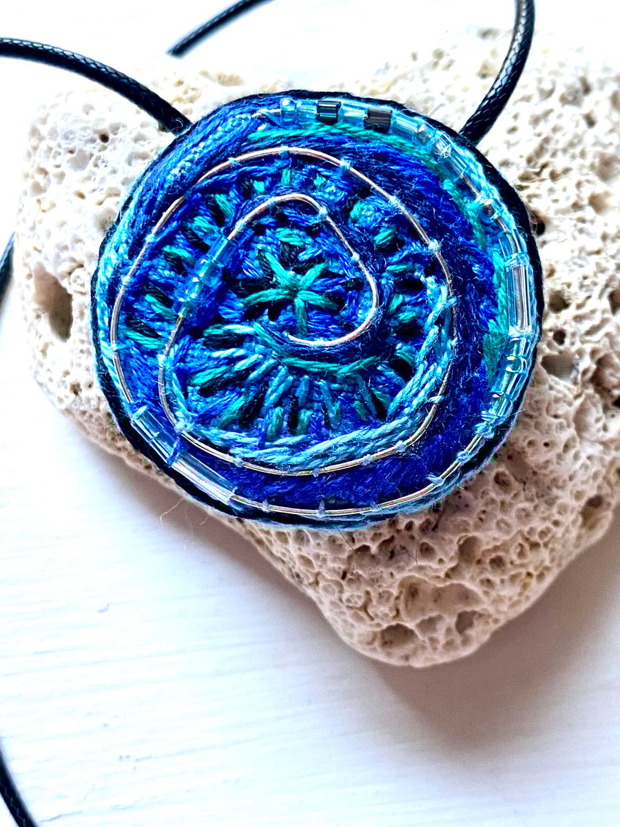Abstract blues, intricate hand embroidered pendant 