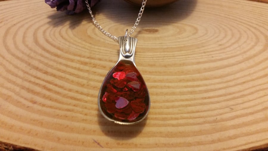 Silver Plated Spoon Necklace with Red Heart Sequins