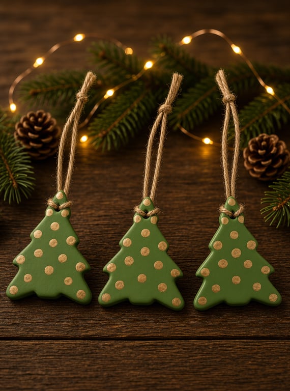 Set of 3 Green & Gold Air Dry Clay Christmas Tree Decorations