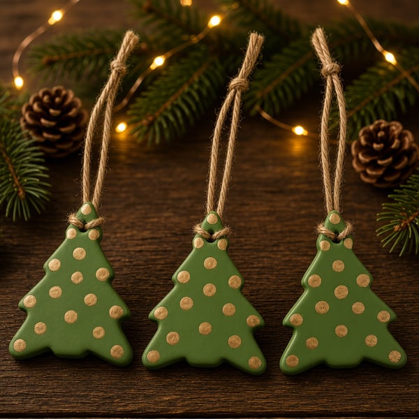 Set of 3 Green & Gold Air Dry Clay Christmas Tree Decorations