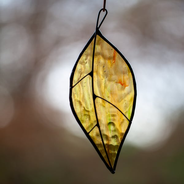 Golden leaf stained glass suncatcher autumnal decor