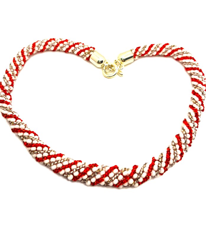 Red pink and white twisted rope seed bead necklace