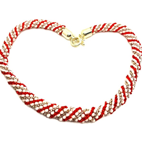 Red pink and white twisted rope seed bead necklace
