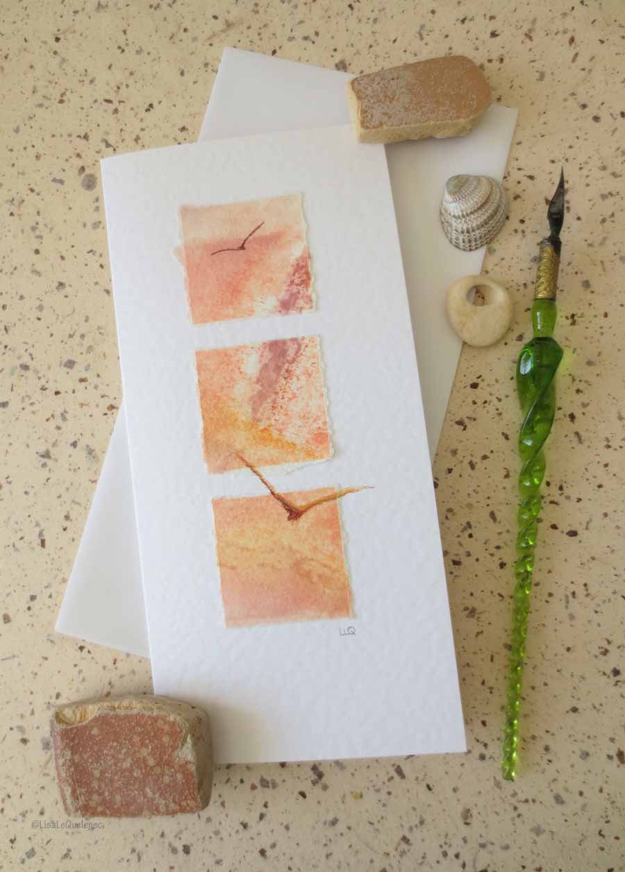 Handmade painted and drawn blank art card gulls at sunset OOAK