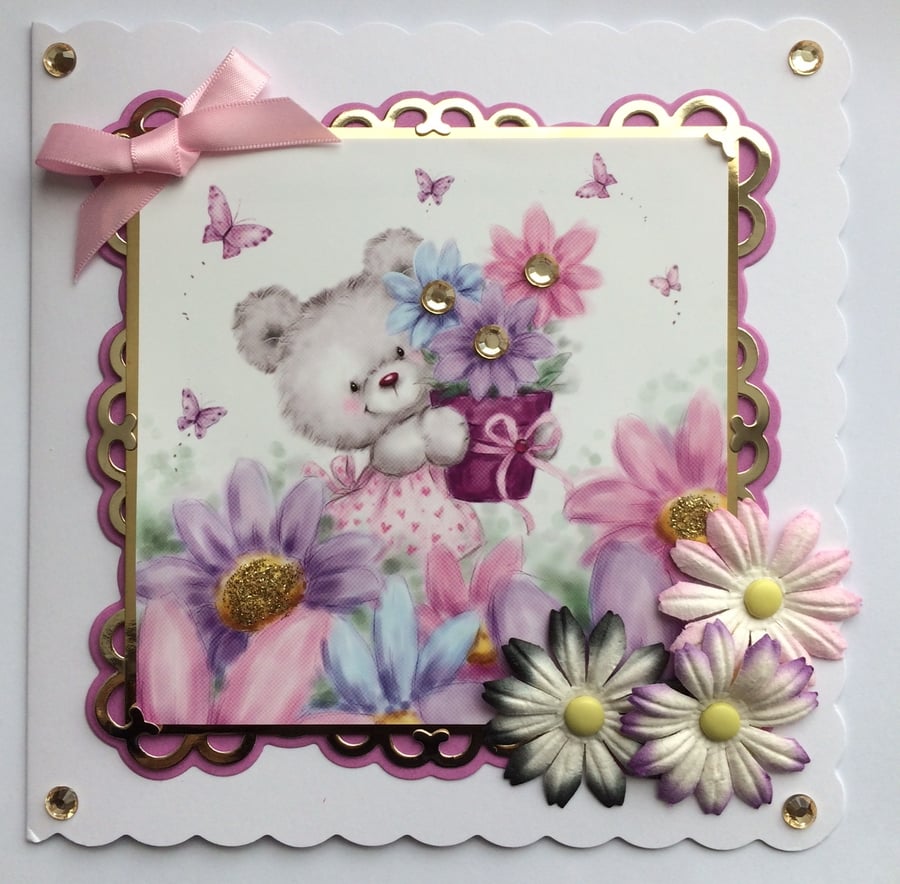 Cute Teddy Bear Card Pot of Beautiful Flowers Any Occasion 3D Luxury Handmade