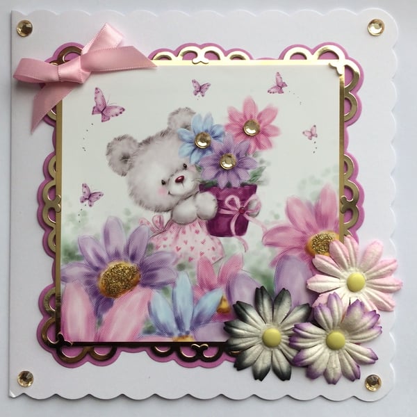 Cute Teddy Bear Card Pot of Beautiful Flowers Any Occasion 3D Luxury Handmade