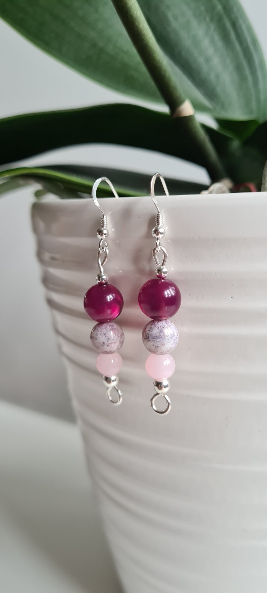 Handmade 925 Silver Pink Beaded Dangle Earrings Gift Boxed Jewellery 