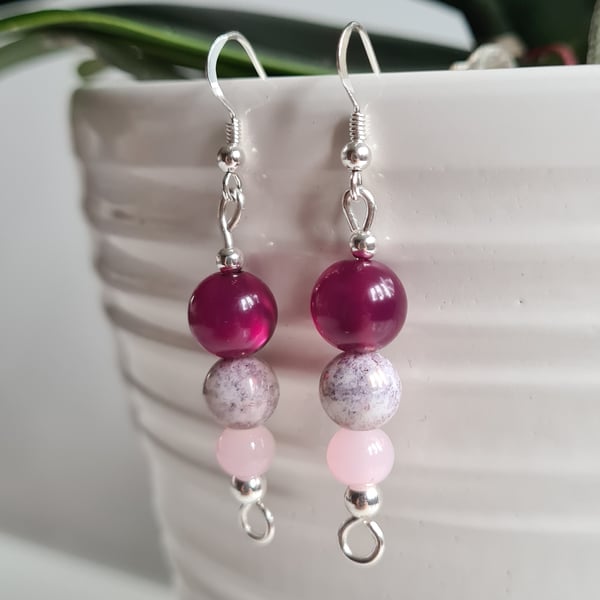 Handmade 925 Silver Pink Beaded Dangle Earrings Gift Boxed Jewellery 