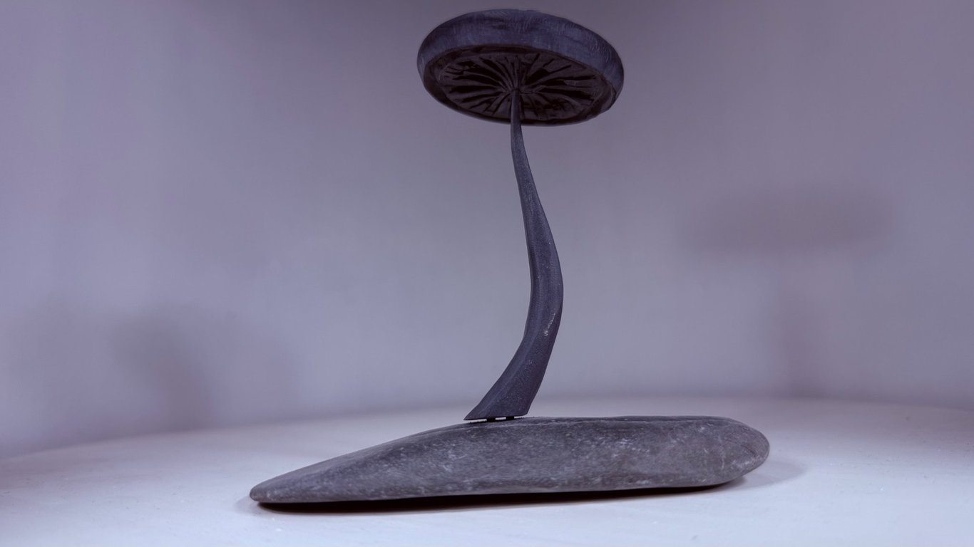 Stone Toadstool, hand cut and carved. Devonian Mudstone on a stone base.