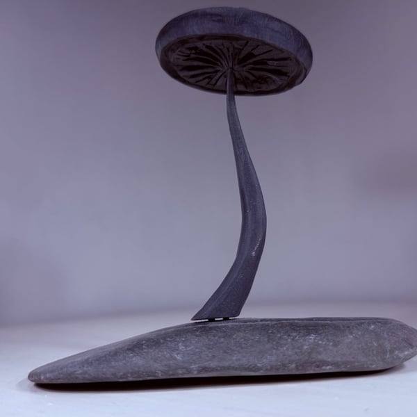Stone Toadstool, hand cut and carved. Devonian Mudstone on a stone base.