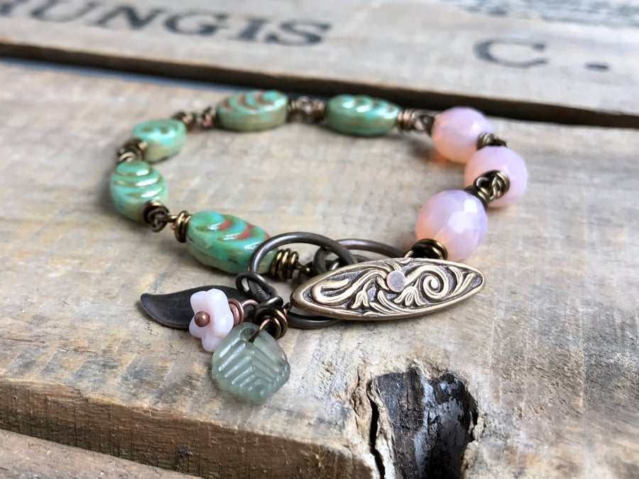 Handmade Pink & Green Czech Glass Bracelet - Feminine Spring Inspired Jewellery