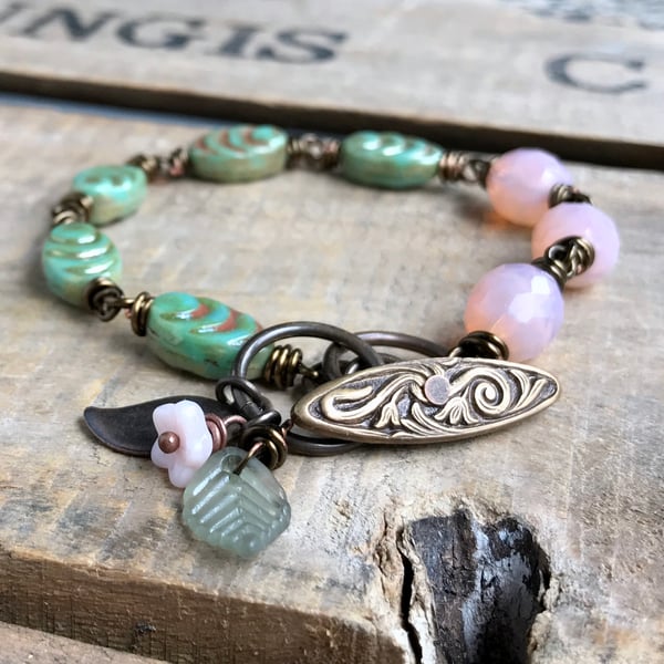 Handmade Pink & Green Czech Glass Bracelet - Feminine Spring Inspired Jewellery