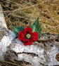 Handmade Felted Wool Poppy Brooch with Green Leaves – Red Flower