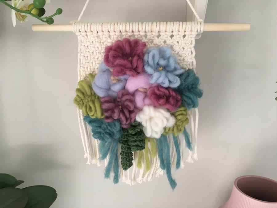 Beautiful floral wall hanging, textile woven, crochet flowers, nursery decor 