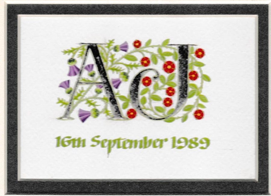 Silver Wedding initials handpainted with thistles and roses 