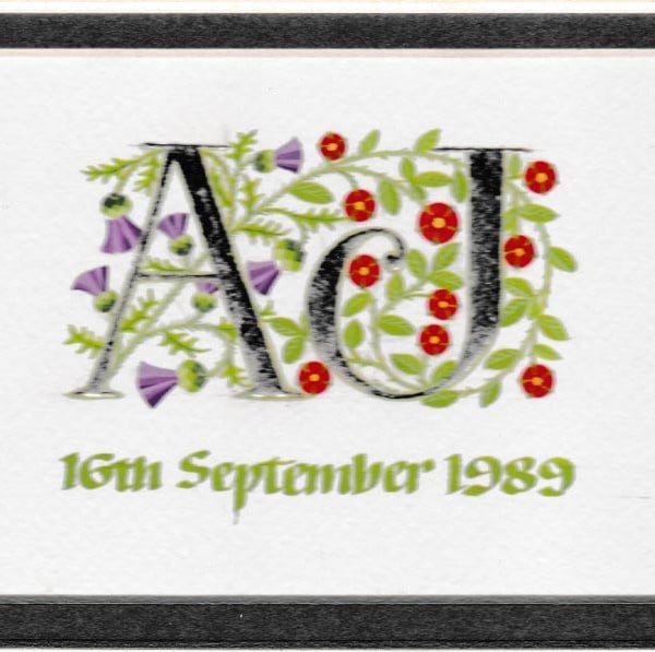 Silver Wedding initials handpainted with thistles and roses 