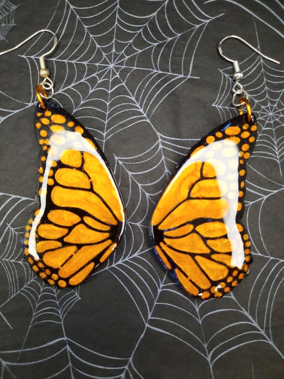 Resin Monarch Butterfly Wing Earrings: Orange & Black Dangle, 925 Silver Hooks