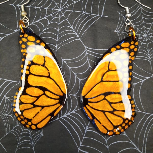 Resin Monarch Butterfly Wing Earrings: Orange & Black Dangle, 925 Silver Hooks