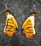 Resin Monarch Butterfly Wing Earrings: Orange & Black Dangle, 925 Silver Hooks